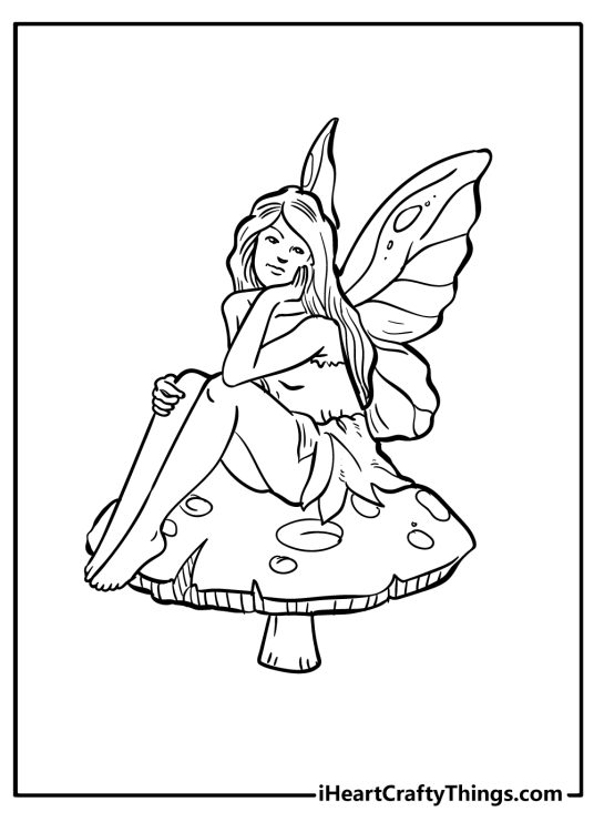 Black-and-white drawing for kids featuring fairy daydreaming while sitting on a huge mushroom