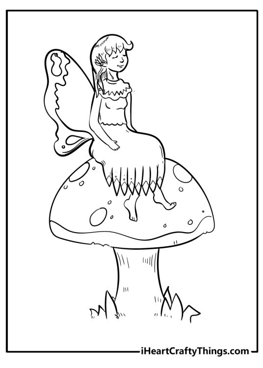 Coloring page of a fairy with butterfly wings sitting on a mushroom and enjoying the sun with closed eyes