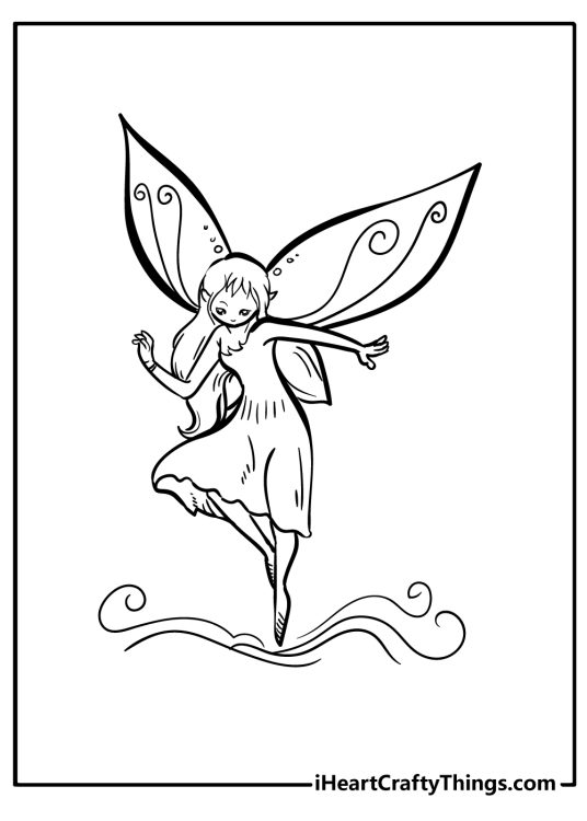 Printable picture of a fairy with dragonfly wings and elf-pointed ears dressed in a one-shoulder dress