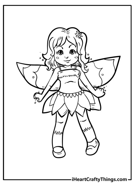 Detailed coloring page for kids featuring cute little fairy wearing flower petal dress