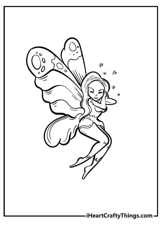 Free coloring page for children featuring sleeping fairy with enormous butterfly wings