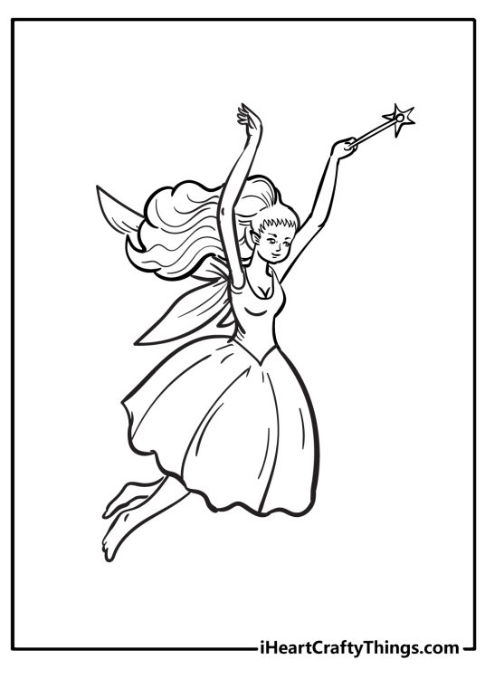 Coloring picture of a fairy flying around dressed in a voluminous ball gown with the magical wand in her left hand