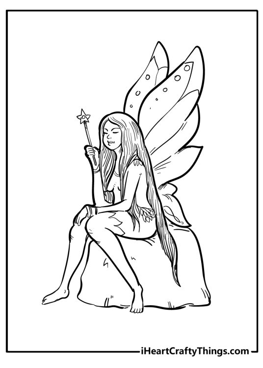 Printable pdf featuring long-haired fairy sitting on a boulder of moss in a costume made from leaves
