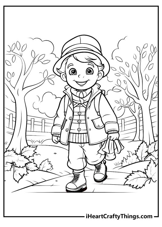 Fall-themed printable coloring sheet featuring smiling boy walking through the park