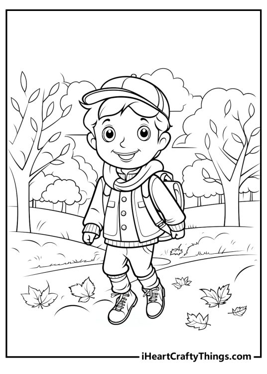 Detailed printable coloring picture featuring happy boy with a backpack strolling in fall park
