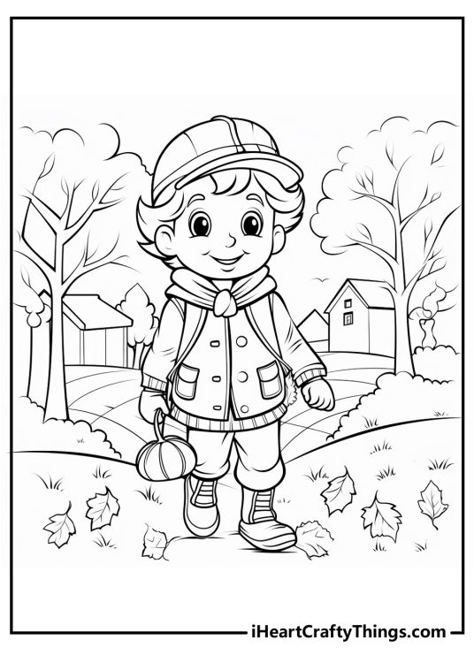 Picture featuring fall scenery with a boy walking through the park and carrying a pumpkin in his right hand