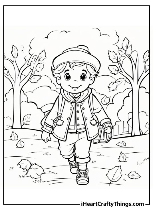 Detailed coloring image featuring cheerful boy in a park surrounded by trees and fall leaves