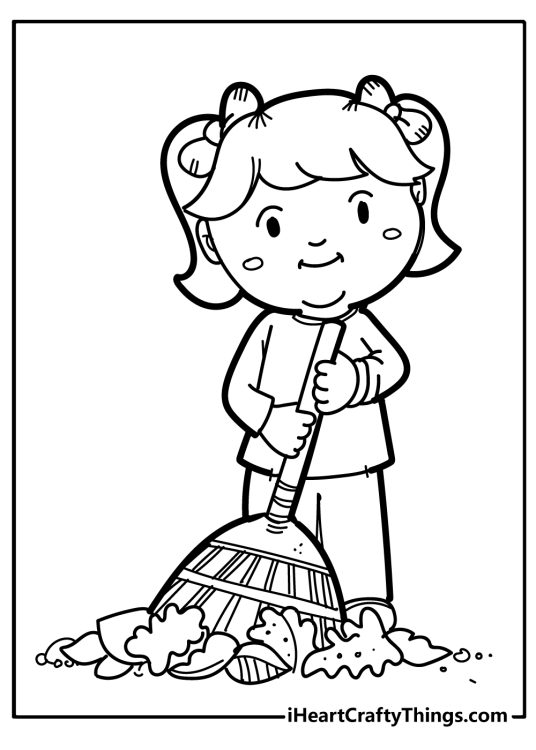 Fall-themed coloring picture for kids of a little girl collecting fallen leaves with her tiny broom