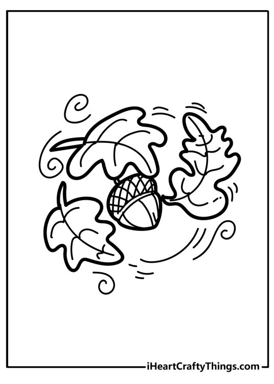 Fall-themed printable coloring card for kids with a tiny acorn surrounded by three oak leaves