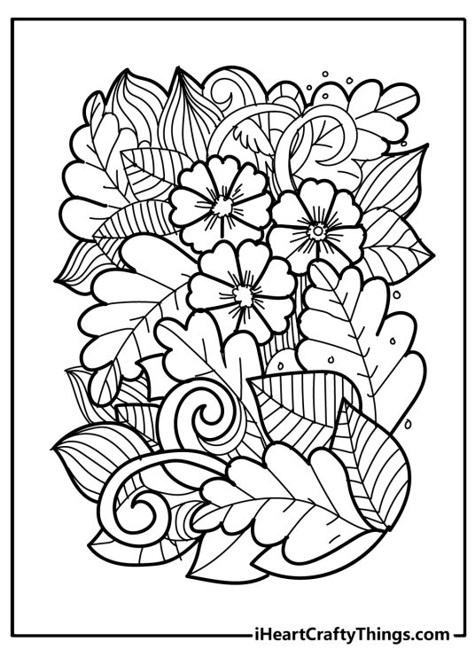 Detailed coloring page for adults presenting intricate fall-themed pattern made of various leaves and flowers