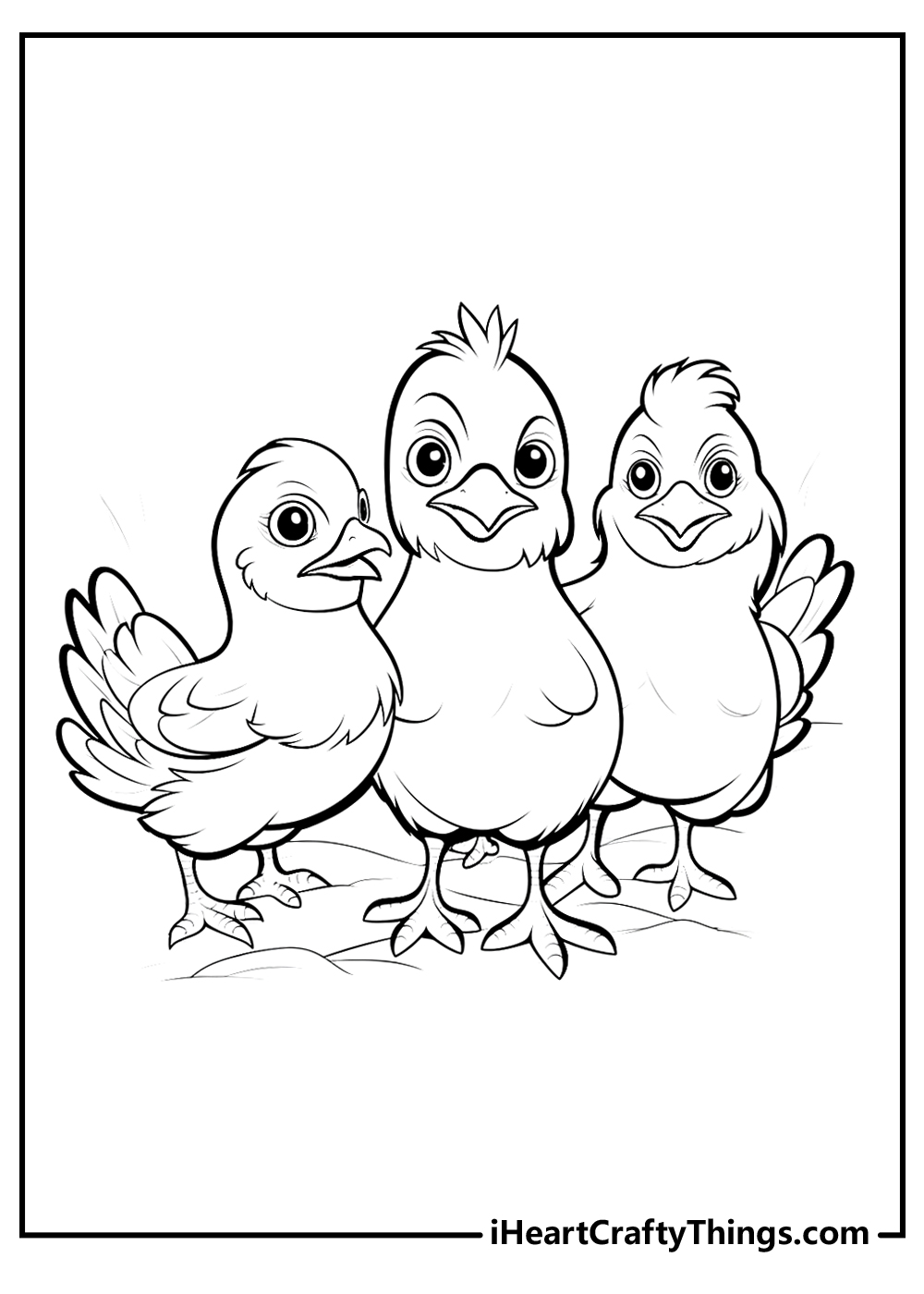 Farm animal coloring page featuring three adorable baby chicks standing side by side