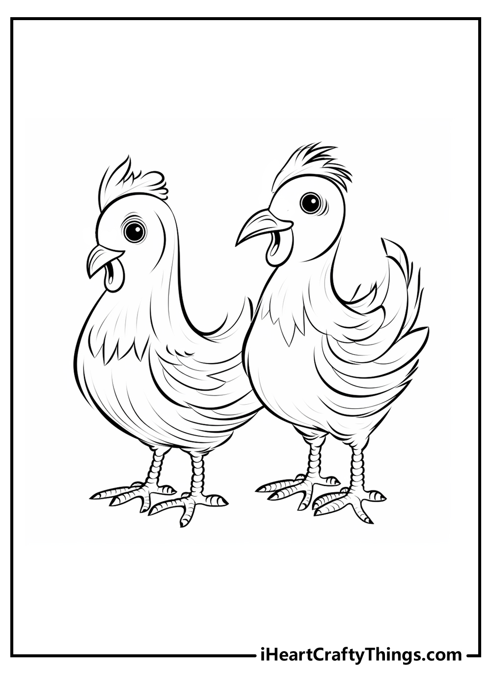 Detailed coloring pdf featuring two chickens standing close together and facing the same way