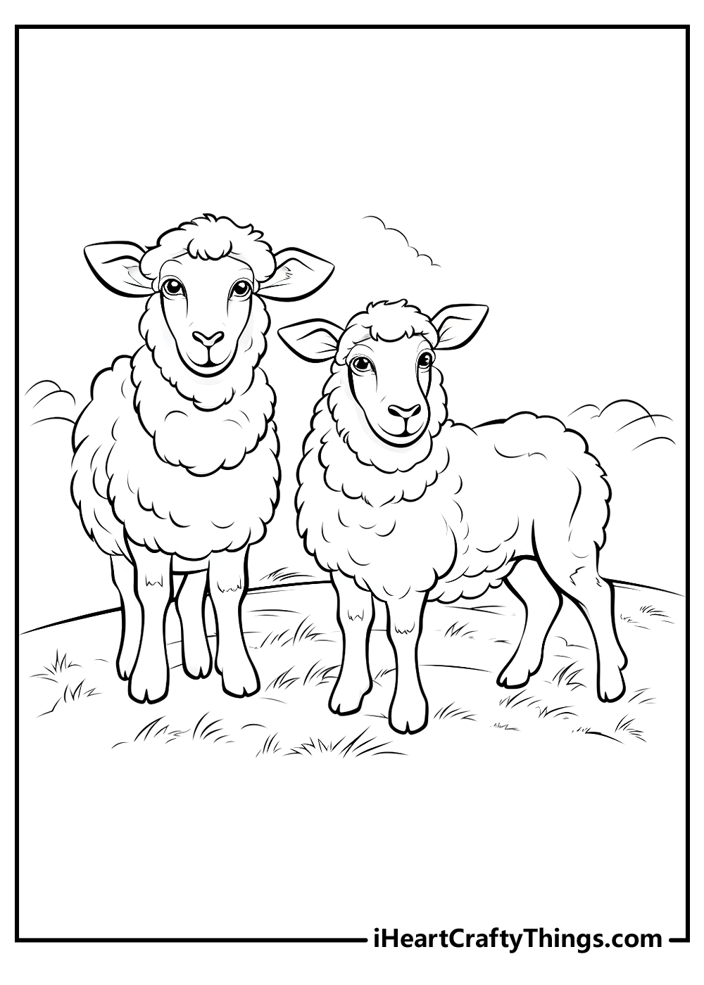 Detailed printable coloring sheet featuring two fluffy sheep grazing on a grassy hillside