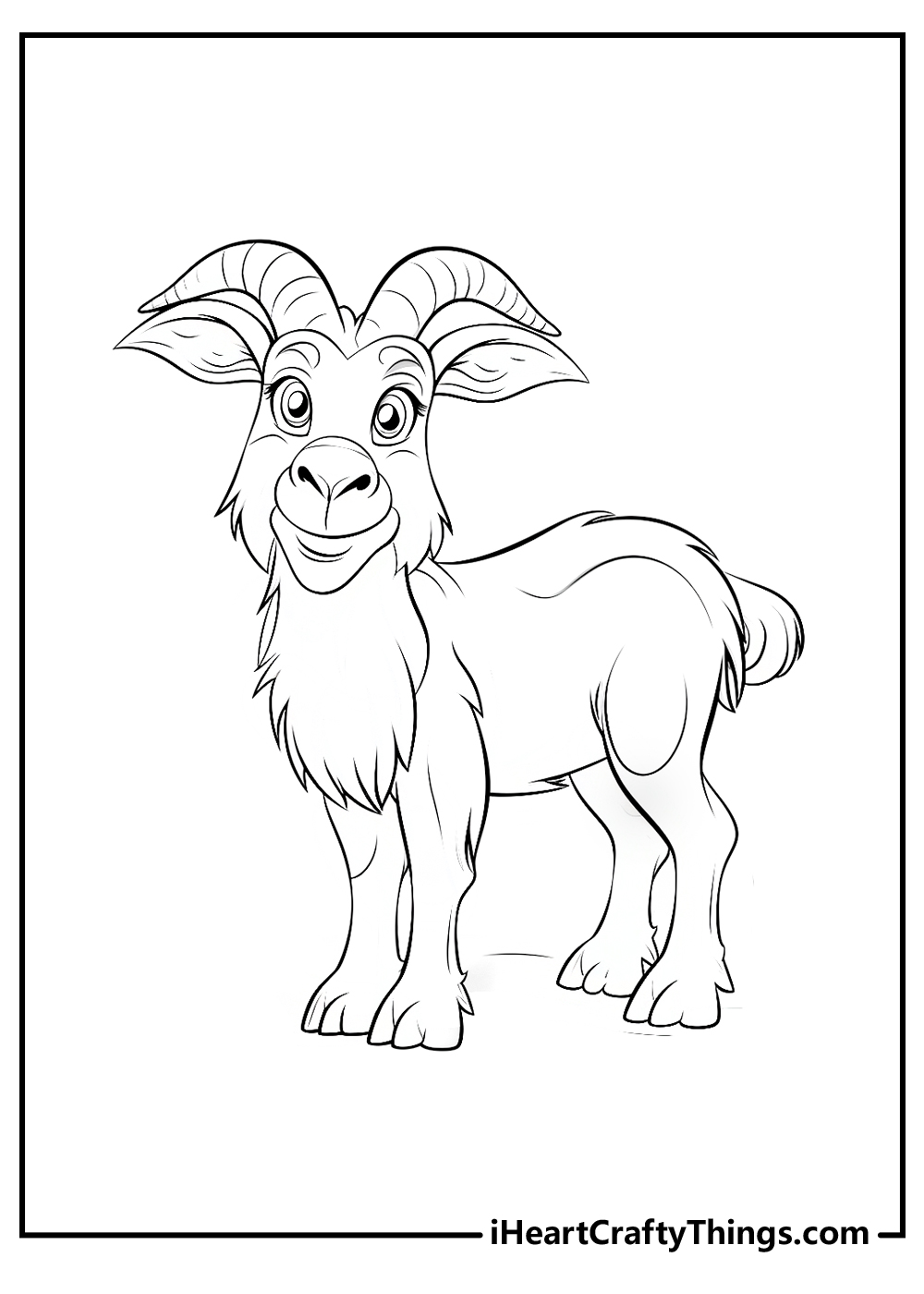 Detailed black-and-white drawing of a playful goat with a long beard, two curly horns and shaggy fur