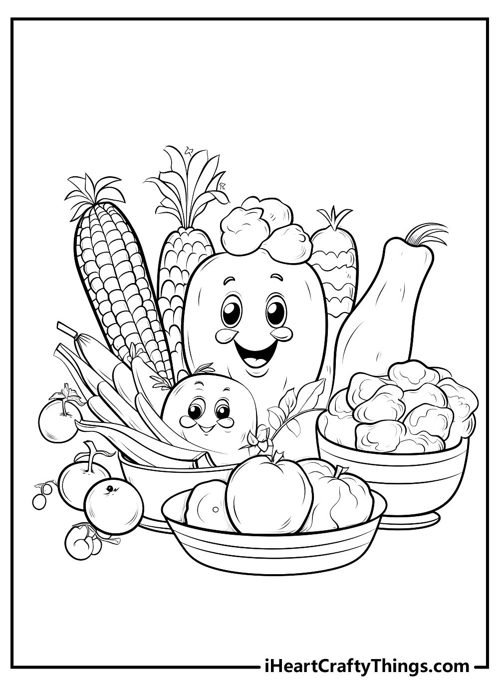 Big coloring page for children and adult with food