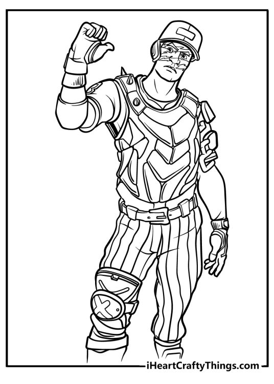 Fortnite-themed picture to color featuring Jonesy with a Slugger outfit inspired by baseball attire