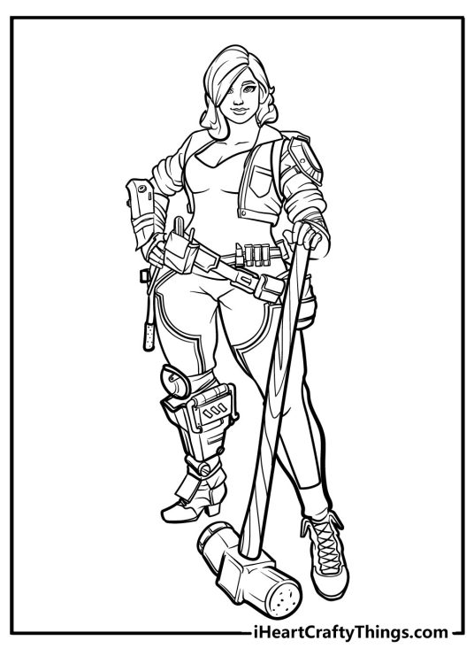 Fortnite coloring page featuring female constructor in her classic outfit holding a hammer