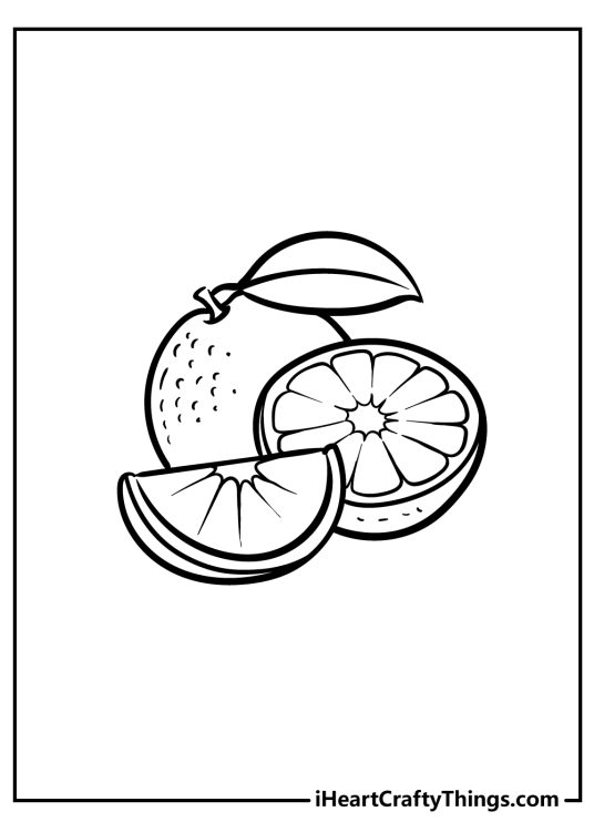 Fruit-inspired coloring sheet featuring a delicious-looking sliced and one unsliced orange
