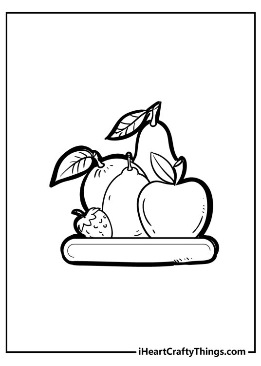Fruit-themed picture to print and color presenting five different fruits on a tray