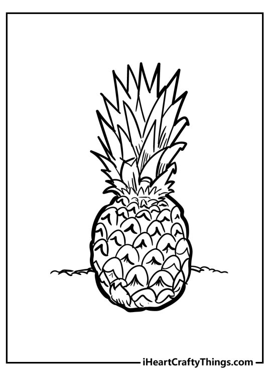 Fruit-inspired coloring picture featuring large realistic pineapple with a rich crown