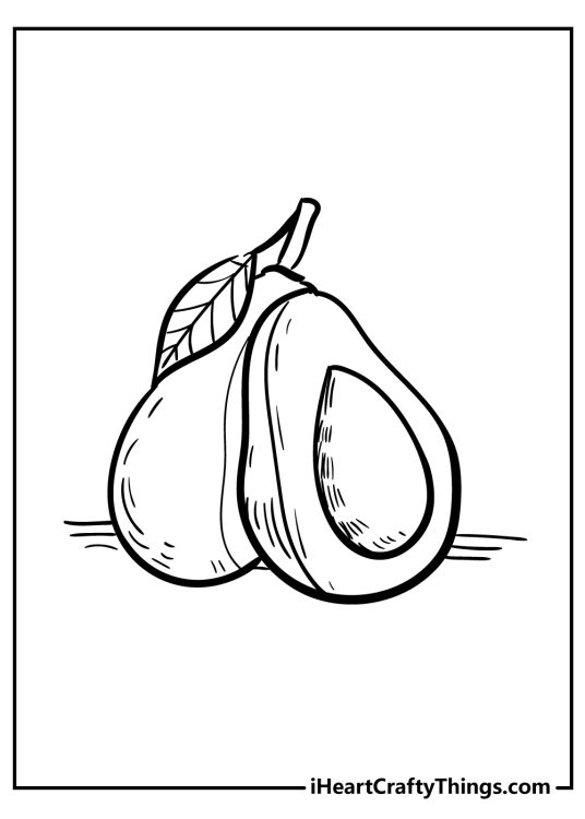 Fruit-themed coloring sheet featuring two avocados - a sliced one and an unsliced one