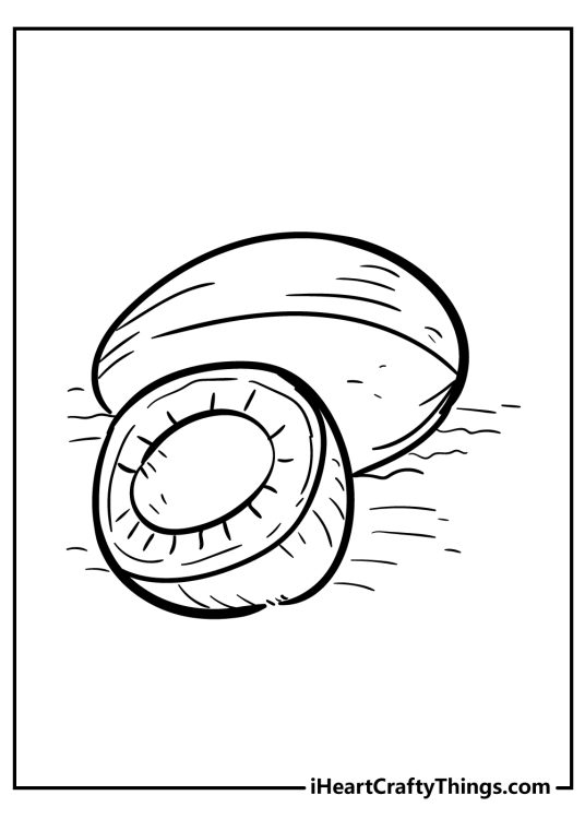 Fruit-themed coloring printable for kids featuring a sliced and an unsliced coconut