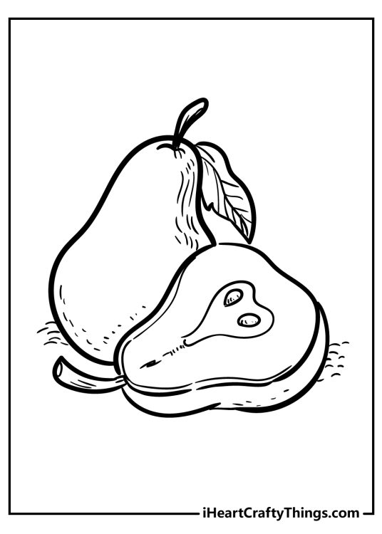Fruit coloring sheet capturing two delicious-looking pears in the center of the image