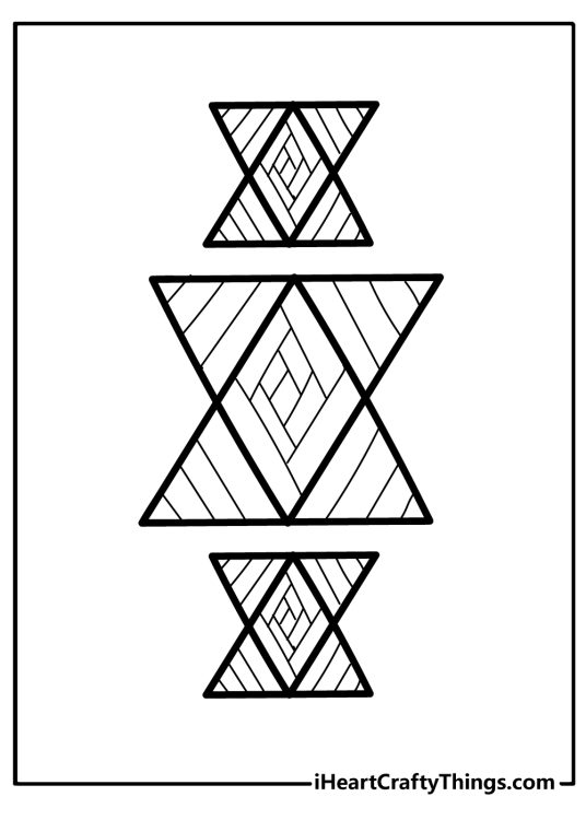 Geometric-themed coloring page featuring forms made up of triangles with rectangular pattern