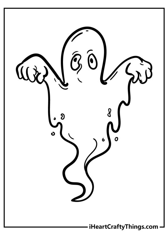 Coloring picture for kids presenting a sleepy-looking ghost with tired eyes and blank backgroud behind him