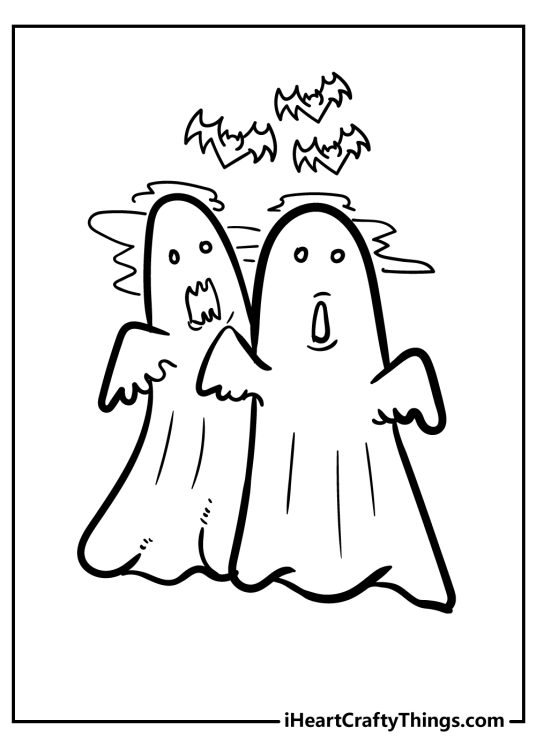 Coloring printable featuring two spooky ghosts and three little bats flying above their heads