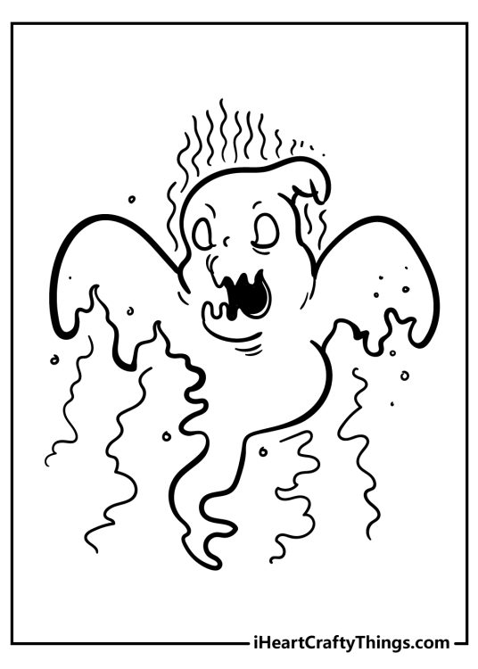 Detailed black-and-white printable picture for adults featuring dreadfully-looking ghost