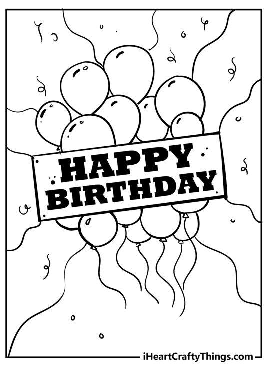 Image featuring Happy birthday banner in the centre with a regular herd of balloons behind it