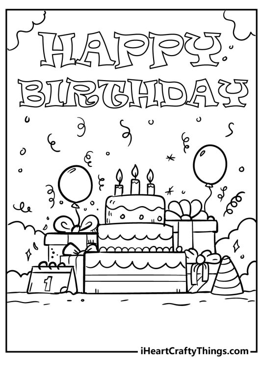 Detailed picture featuring Happy birthday words and three-layered cake surrounded by presents and balloons