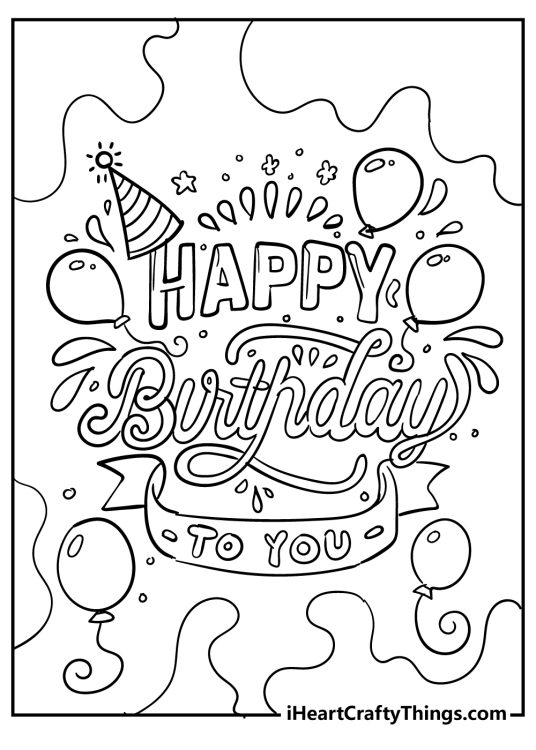 Coloring printable showing Happy birthday to You words surrounded by balloons swirls water drops and other designs