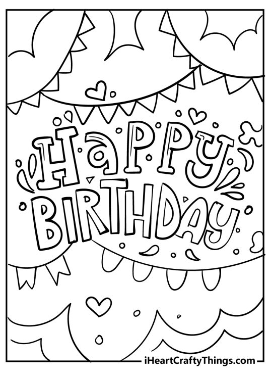 Picture featuring Happy birthday phrase surrounded by various garlands hearts and waves