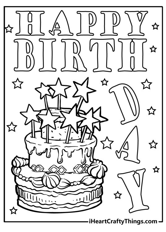 Happy birthday-inspired coloring page with a big delicious cake in the centre with star-shaped toppers