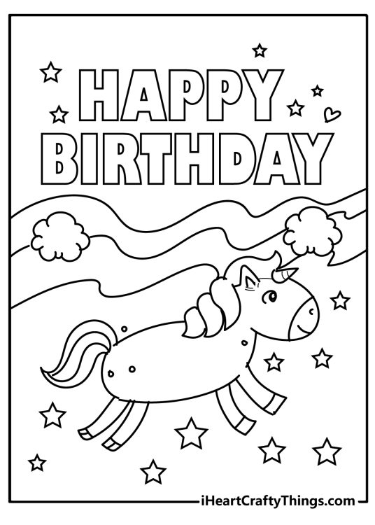 Coloring poster featuring Happy birthday phrase with a cute unicorn and stars underneath