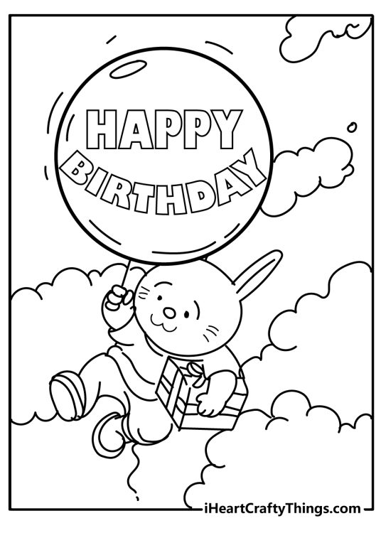 Happy birthday coloring page with a bunny flying high in the sky on a balloon and carrying a present