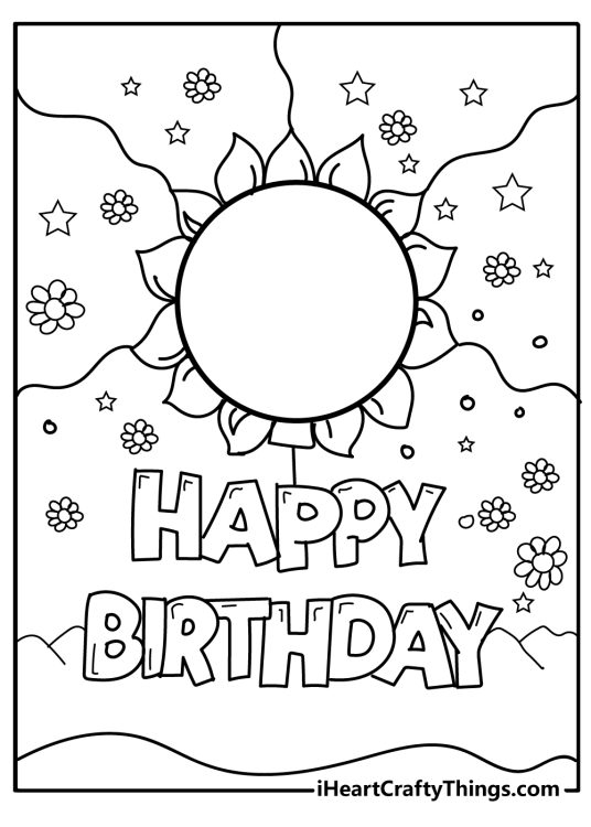 Coloring card with a Happy birthday phrase and a sunflower in the centre and smaller flowers all around