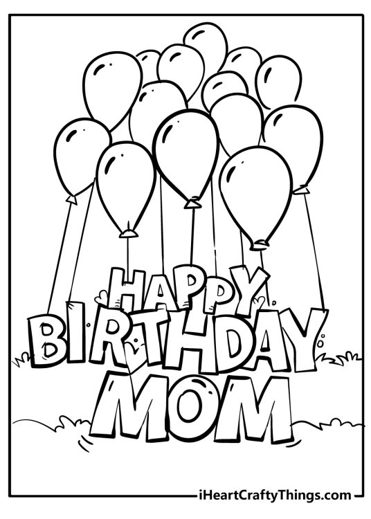 Happy birthday-themed card presenting Happy birthday MOM phrase suspended by fourteen balloons