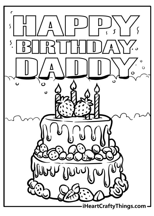 Happy birthday picture with a Happy birthday Daddy phrase and two-layered cake with candles and strawberries on top