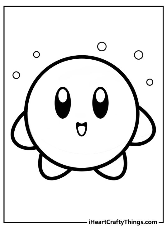 Coloring image of a puffy hero Kirby with a smile on his face and five little circles above his head