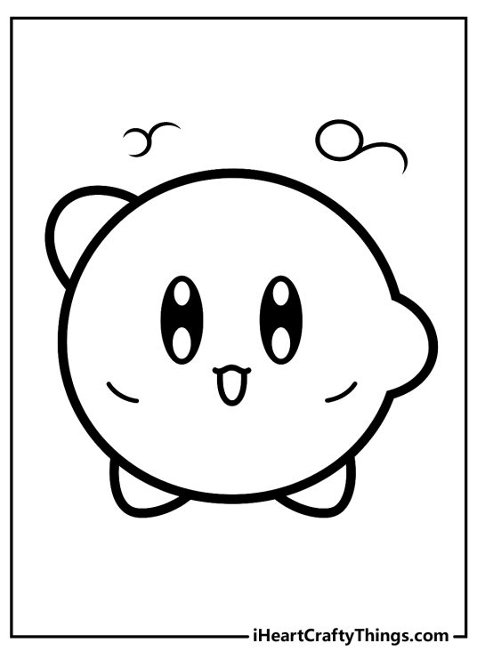 Drawing of an iconic gaming character Kirby with a round body two stubby arms two feet and a cheerful face