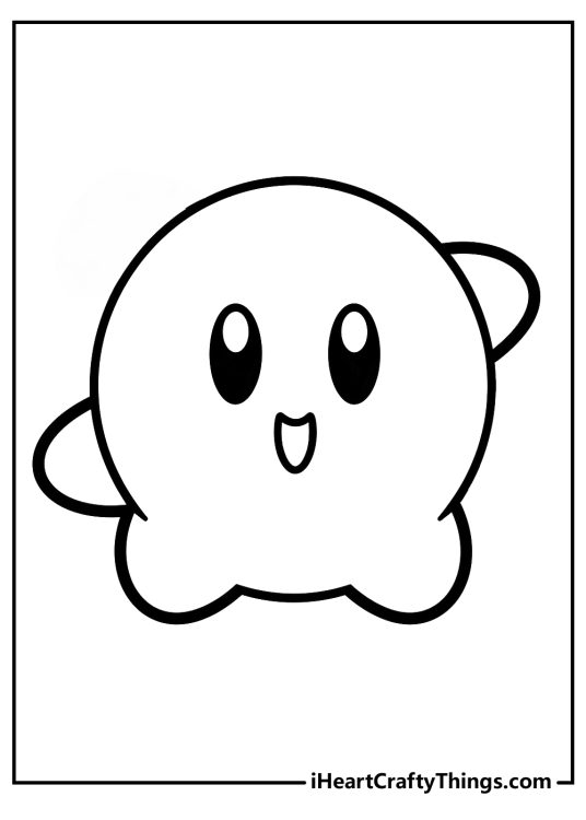Kirby-themed coloring page depicting character in his classic pose with super cheerful smile