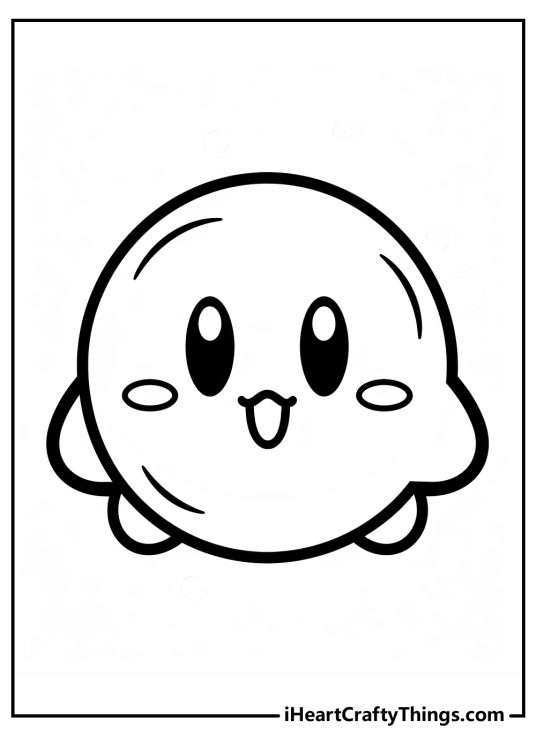 Black-and-white drawing for pre-schoolers of an adorable puffball Kirby with blank background