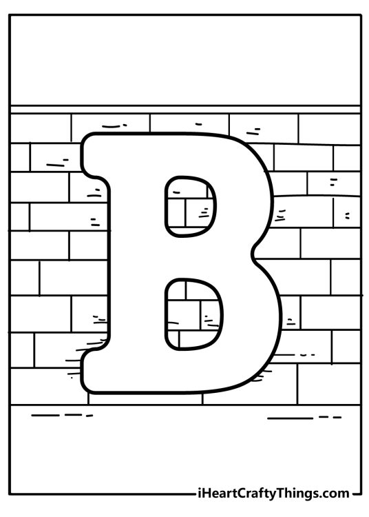 Printable sheet featuring letter B placed in the center of the page with a brick background behind it