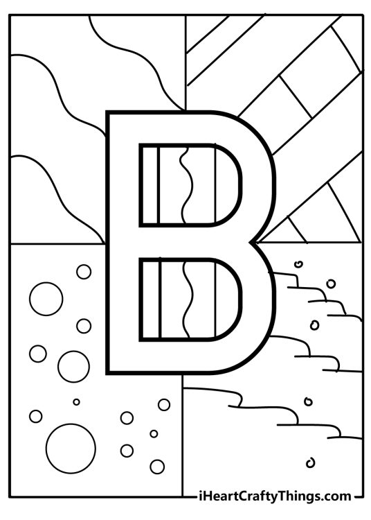 Printable pdf for kids of a letter B in the middle of four different patterns