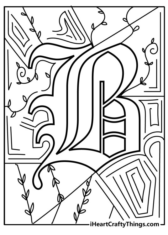 Letter B surrounded by all sorts of botanical motifs, straight and wavy lines printable sheet for kids