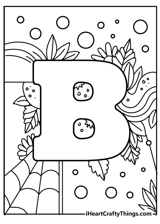 Free printable page of a Letter B with bubbles, leaves, flowers and fruits around it