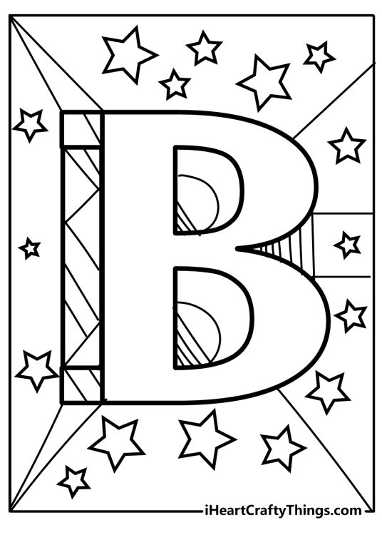 Coloring page featuring letter B with geometrical shapes around it surrounded by many little stars